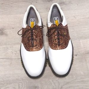 FOOT JOY DRY JOY TOUR GOLF SHOES SIZE 12 M. WHITE AND BROWN SADDLE SHOES